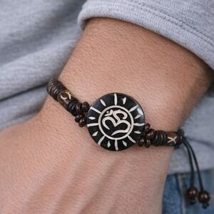 Vintage Wooden Om Sun Bracelet Adjustable Beaded Cord